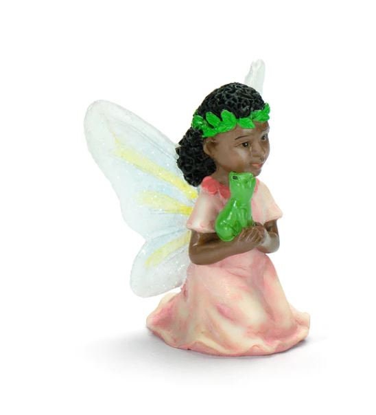 Miniature African American Fairy 'Kaya' in Pink, Fairy with Frog, Garden Fairy of Color