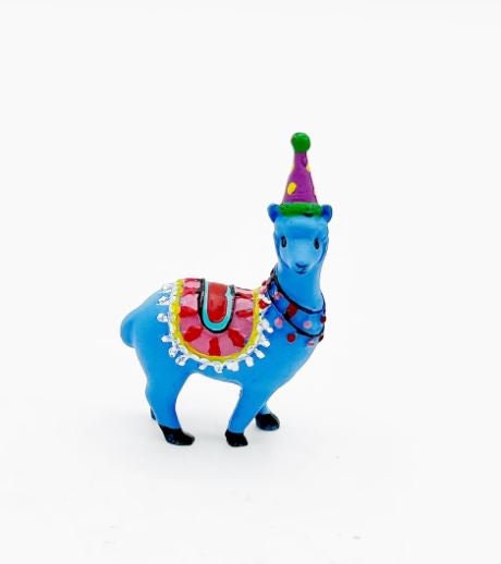 Miniature Blue Llama in a Party Hat, Party Llama Gift for Llama Collector, Llama Cake Topper