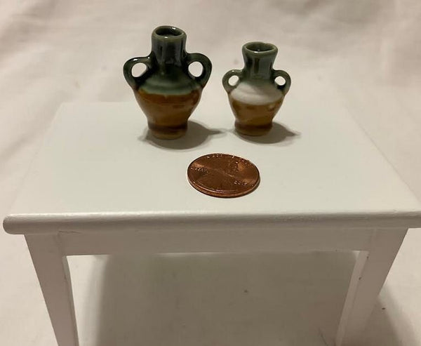 Pair of Green and Brown Dollhouse Pottery Jars, Miniature Glazed Urns with Handles, 1:12 Scale