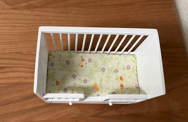 Dollhouse Toddler Bed, White Painted Bed with Storage Drawer, Miniature Dollhouse Bed with Floral Mattress