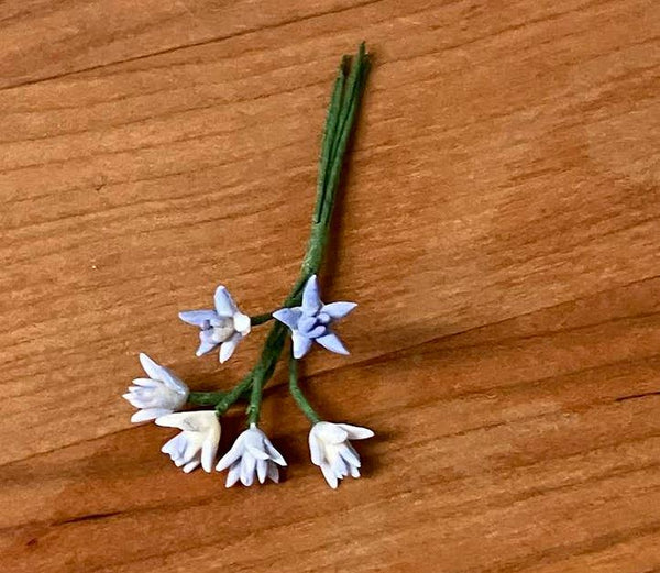 Miniature Artificial Pale Blue Flower Stems. 6 Single Stem Blue Flowers, Dollhouse Flowers with 4