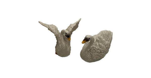 Pair of Miniature White Swans, White Bird with Open Wings, Fairy Garden Birds