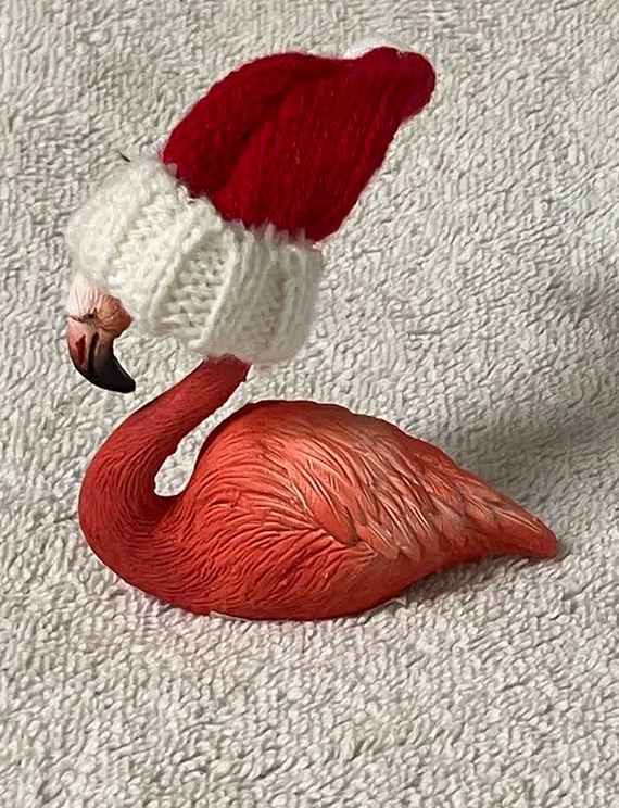 Miniature Flamingo in a Santa Hat, Festive Flamingo, Whimsical Holiday Miniature