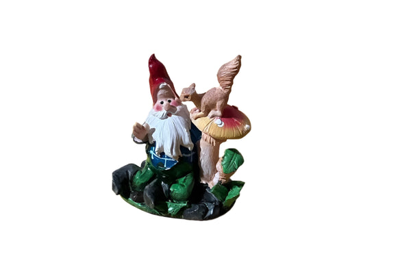 Miniature Gnome Sitting with a Squirrel on a Mushroom, Fairy Garden Gnome, 3.5"