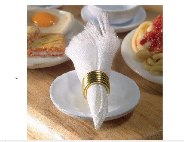 Set of 4 White Dollhouse Cloth Napkins with Gold Ring