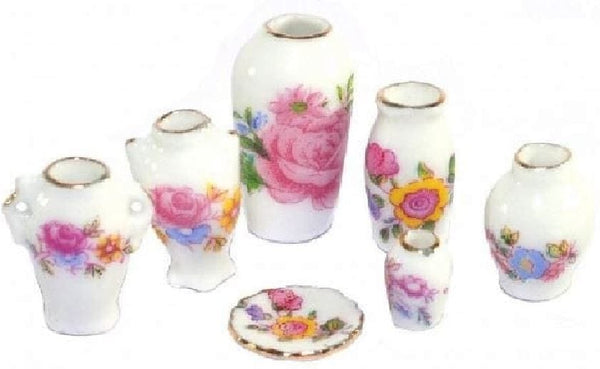 7 Piece Dollhouse Vase Set With Pink Flower Design