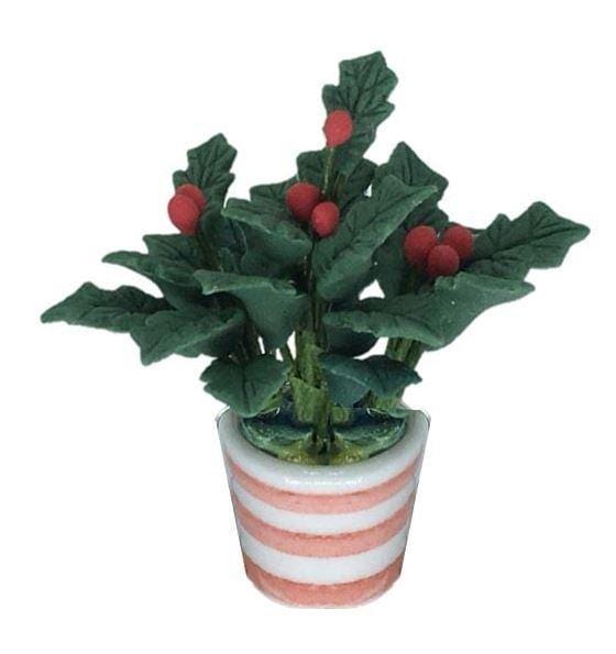 Dollhouse Miniature Christmas Holly in Red and White Planter