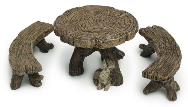 Miniature Log Table and Benches, Fairy Garden Rustic Table with Curved Benches, Miniature Faux Wood Table with Benches