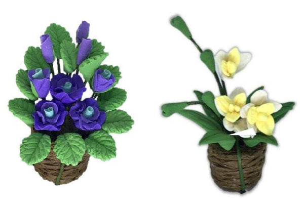 Artificial Dollhouse Plant Basket with Choice of Purple or Yellow Flowers