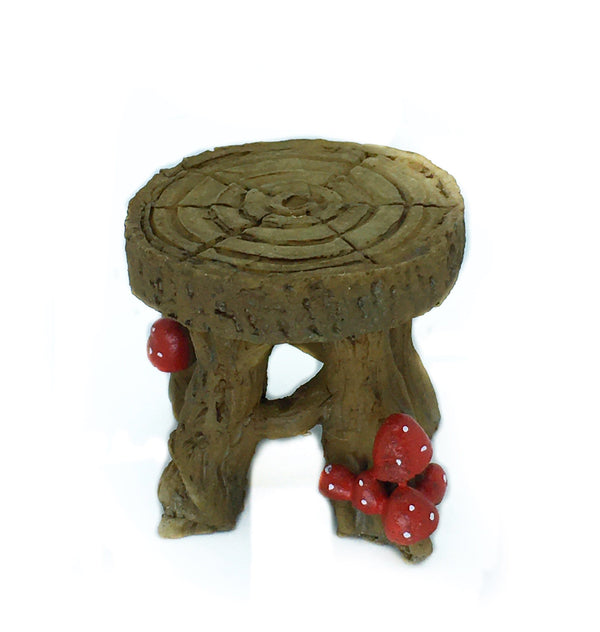 Fairy Garden Wood Stool,  1&quot; Brown Forest Stool,  Stool with Red Mushrooms, Fairy Garden Accessory