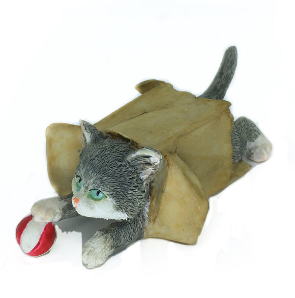 Gray and White Cat Figurine, Cat in a Box, Cat with a Ball, Gift for a Cat Owner,