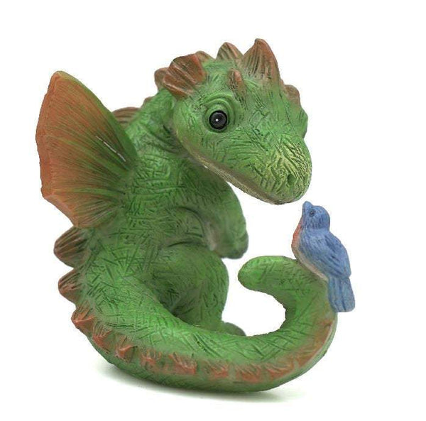Green Baby Dragon with a Bluebird, Fairy Garden Dragon, Dragon Cake Topper