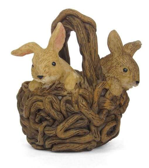 Bunnies in a Basket, Miniature Brown Spring Rabbits in a Basket, Fairy Garden Accessory