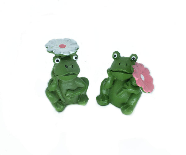 Miniature Green Frog Figurines, Green Frogs with Flower Umbrella, Spring Frogs