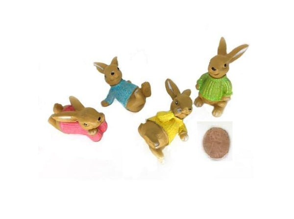 Miniature Rabbit Set, 4 Playful Rabbit Figurines in Sweaters, Spring Fairy Garden Accessories, Spring Cake Topper
