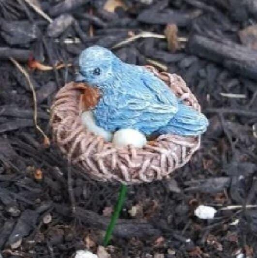 Miniature Bluebird  in a Nest,  Mama Bird on her Nest, Fairy Garden Bird Nest on a Stake