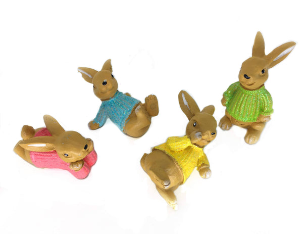 Miniature Rabbit Set, 4 Playful Rabbit Figurines in Sweaters, Spring Fairy Garden Accessories, Spring Cake Topper