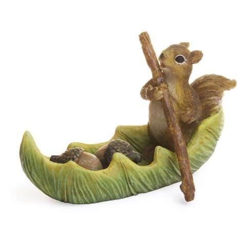 Squirrel in a Leaf Canoe, Miniature Squirrel in Boat with Acorns, Fairy Garden Accessory
