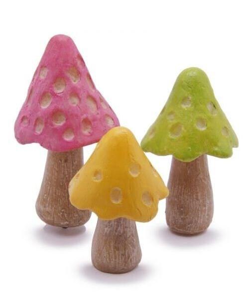 Set of 3 Glow  Mushrooms, Miniature Phosphorescent Mushrooms in Pink, Yellow and Green, Fairy Garden Mushrooms on Picks