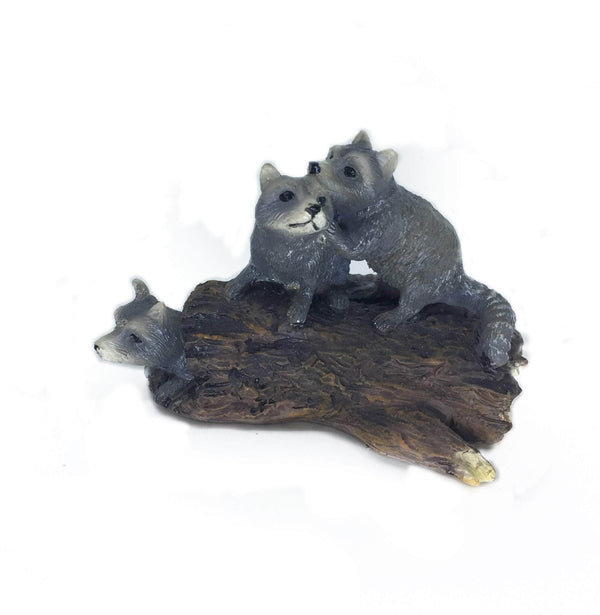 Sitting Raccoon Figurine,  Miniature Gray Forest Animal, Raccoons on a Log