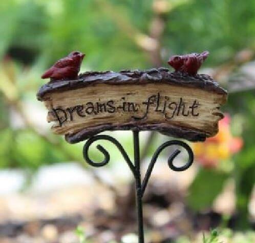 Dreams of Flight' Garden Sign, 2" Fairy Garden Sign with Birds