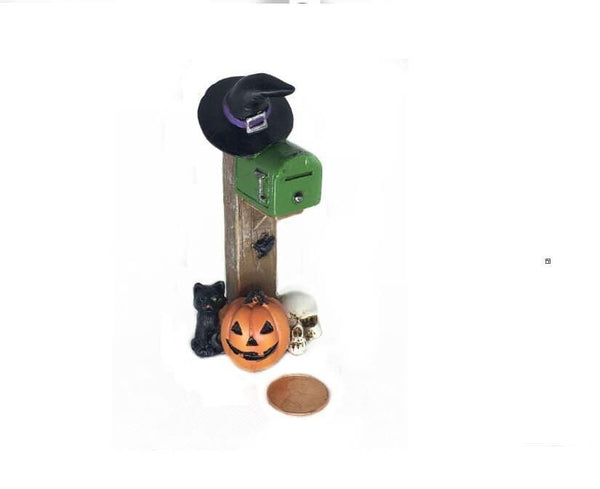 Miniature Halloween Mailbox with a Pumpkin, 4" Green Fall Mailbox, Fall Fairy Garden Accessory