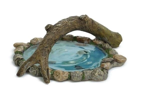 Miniature Pond with Log Bridge, Pond with Blue 'Water' Surrounded by Stones
