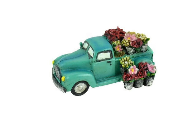Miniature Vintage Turquoise Truck with Flowers, Roadside Spring Flowers, 3" Blue Truck