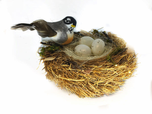Orange and Gray Bird with Nest and Eggs, Two-Toned Nest with Clip on Bird, Spring Nest