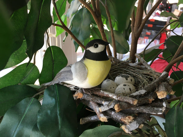 Yellow and Gray Bird with Nest and Spotted Eggs,  Stick Nest with a Clip-on Bird