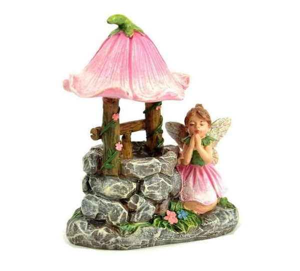 Fairy in Pink by a Wishing Well, Miniature Well with a Spring Fairy, Fairy Cake Topper