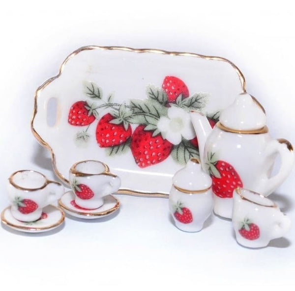 Dollhouse Tea Set with Tray, Miniature Tea Set with Strawberry  Design