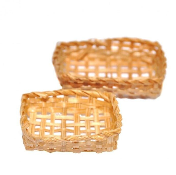 Miniature Rectangle Baskets, Woven Straw Baskets, Pair of Dollhouse Baskets