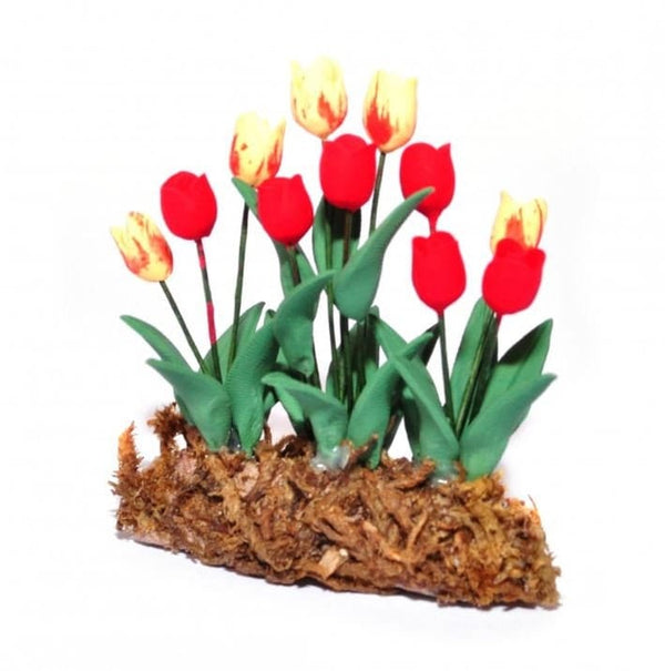Artificial Tulips on a Mound of Moss,   Red and Yellow Flower Bed,   Miniature Flower Patch