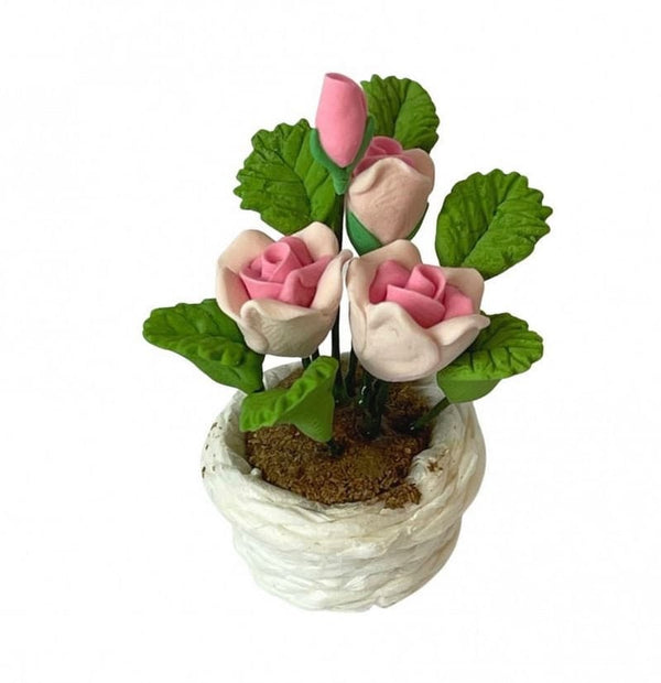 Miniature Artificial Pink Roses in a White Basket, Dollhouse Flowers