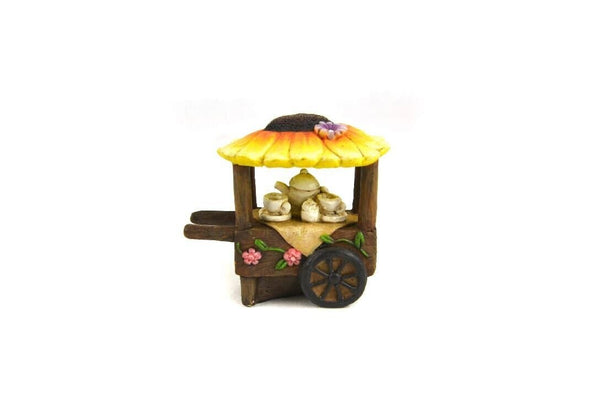 Miniature Sunflower Coffee Cart,  Orange Flower Topped Spring Cart, Fairy Garden Accessory