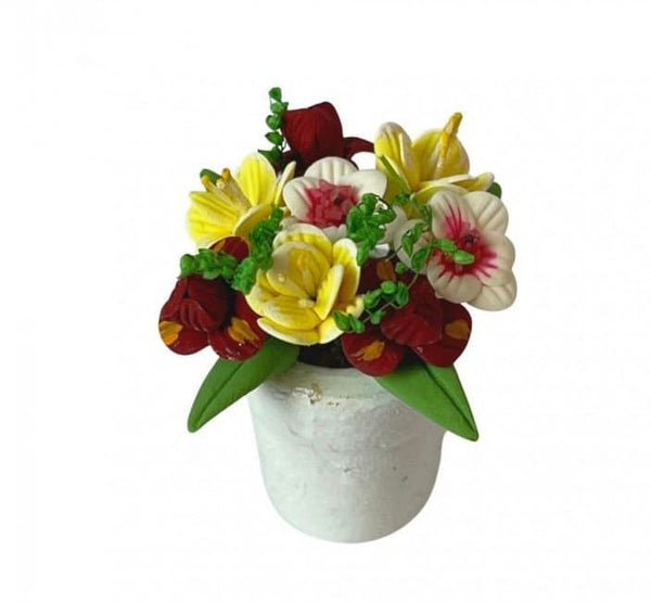 Artificial Miniature Flowers in a White Pot, Yellow and Red Dollhouse Flowers