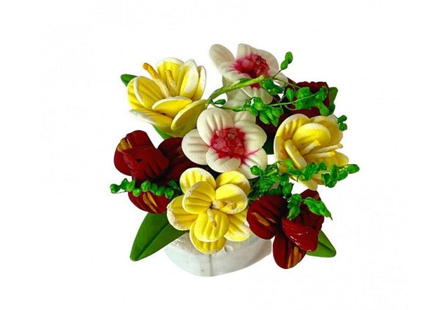 Artificial Miniature Flowers in a White Pot, Yellow and Red Dollhouse Flowers