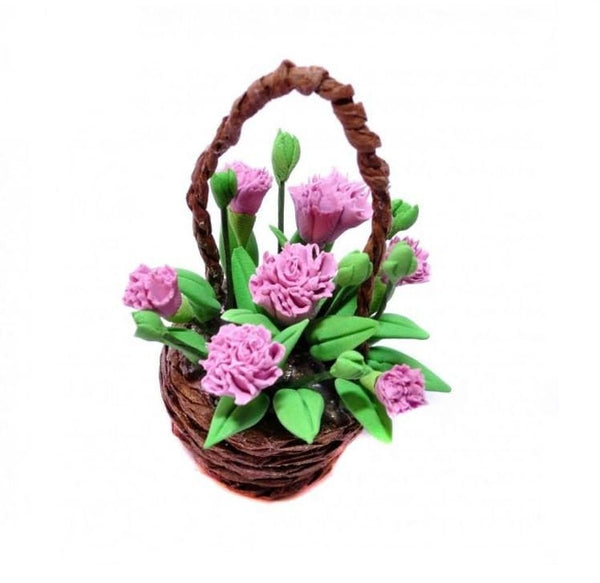 Miniature Artificial Pink Carnations in a Basket, Dollhouse or Fairy Garden Flowers