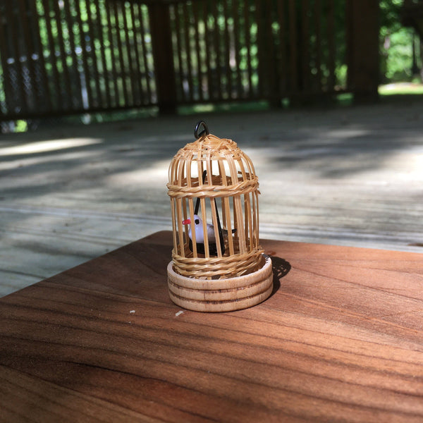 Miniature Bamboo Bird Cage with Bird, Dollhouse Birdcage, Fairy Garden Bird