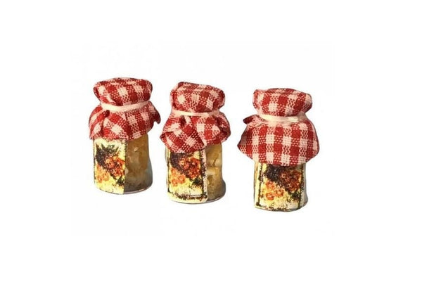 Miniature Honey Jars, Set of 3 Dollhouse Kitchen Jars, Red Check Covered Jars