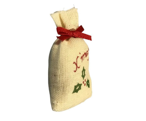 Miniature Christmas Sack, Cream Color Sack with Red Bow Ornament