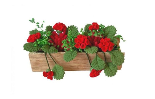 Miniature Window Box with Artificial Red Geraniums for Dollhouse or Fairy Garden