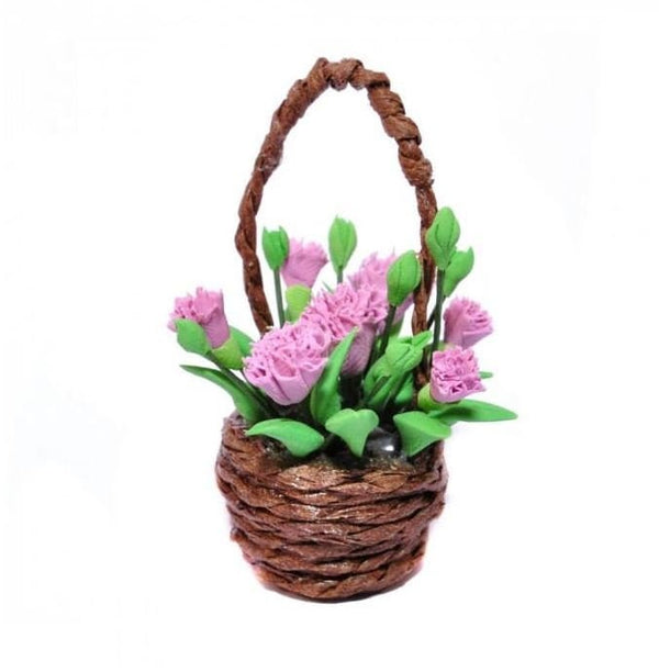 Miniature Artificial Pink Carnations in a Basket, Dollhouse or Fairy Garden Flowers