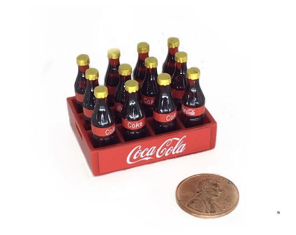 Miniature Crate of 12 Coca Cola Bottles,  Dollhouse Soda in a Red Tray, Dollhouse Kitchen Drinks