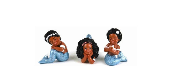 Set of 3  Ebony Mermaid Kids, Mermaids of Color, Fairy Garden Mermaids