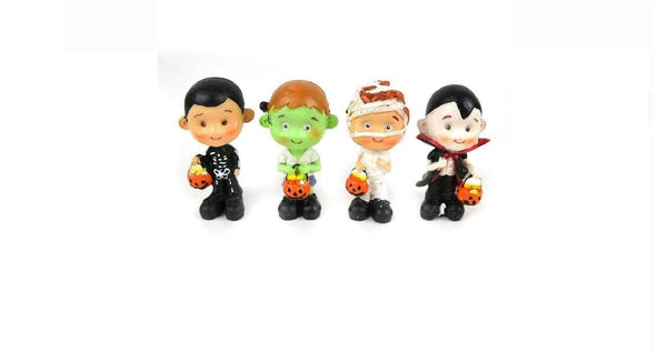 Little Kid Trick or Treaters Figurines, Set of 4 Miniature Halloween Children in Costumes, Halloween Fairy Garden, Fall Cake Topper