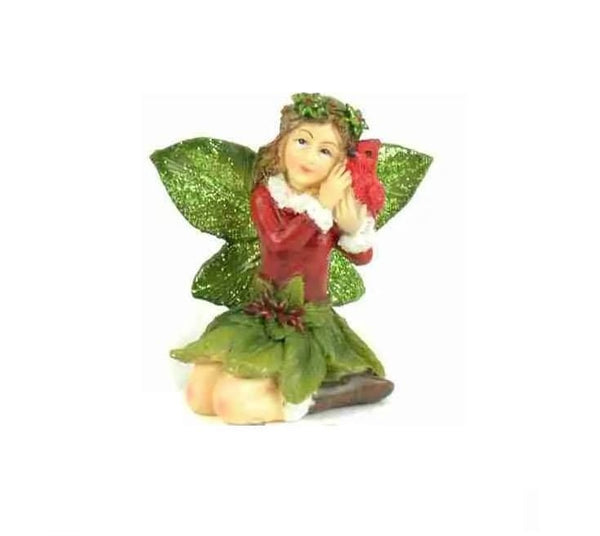 Christmas Fairy with a Red Bird,  Red and Green Holiday Fairy, Christmas Cake Topper