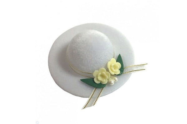 Miniature White Hat with Flowers,  Dollhouse Hat with Yellow Flowers, Shadow Box Hat
