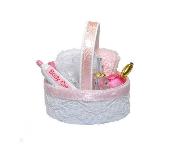 Miniature Pink Bath Accessory Basket, Oval Dollhouse Basket with Bath Supplies, Dollhouse Bath Supply
